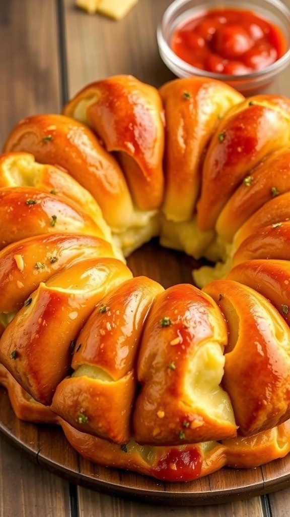 Golden-brown monkey bread made from pizza dough, served with marinara sauce for dipping.